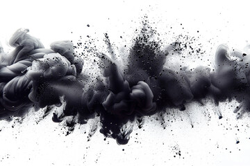 A striking black color explosion, featuring a blend of deep black particles, set against a clean white backdrop, creating a bold visual effect