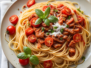 food photography style, spaghetti, plate, table, appetizing, professional, culinary, high-resolution, commercial, highly detailed. AI generated.