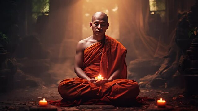 Buddhist monk meditating in a tranquil temple