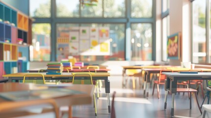 Bright and colorful classroom interior with desks and chairs, books, and educational materials, perfect for a school setting.