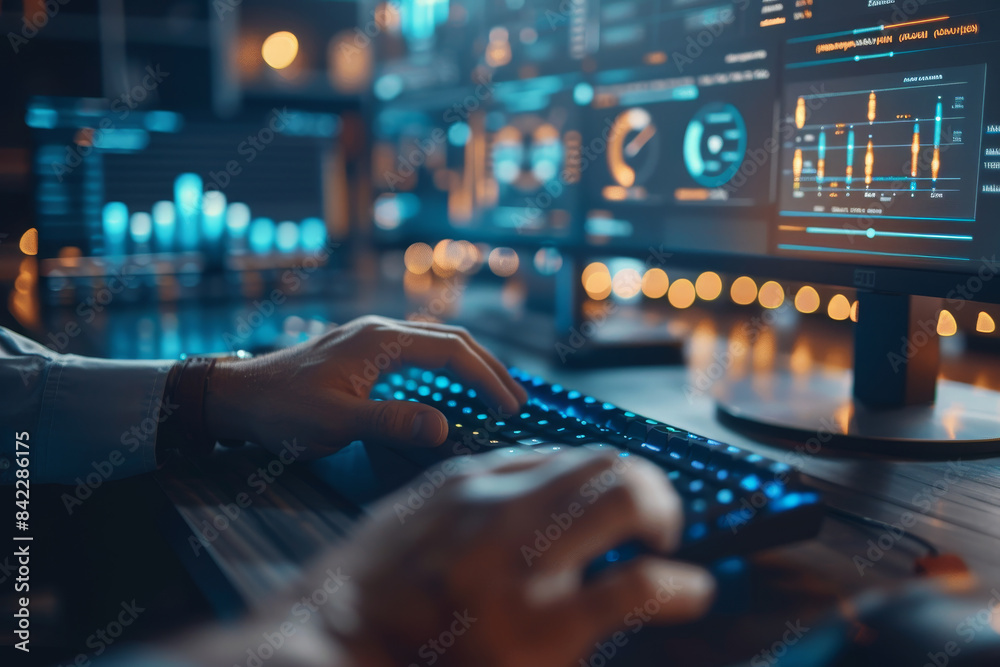 Poster a man is typing on a keyboard in front of a computer monitor