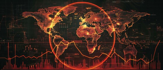 Futuristic world map with digital technology elements, highlighting global connections and data analytics in a vibrant red theme.