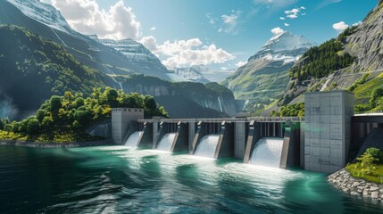 Fototapeta premium Hydroelectric dam with water flowing in a stunning mountain landscape under a clear blue sky.