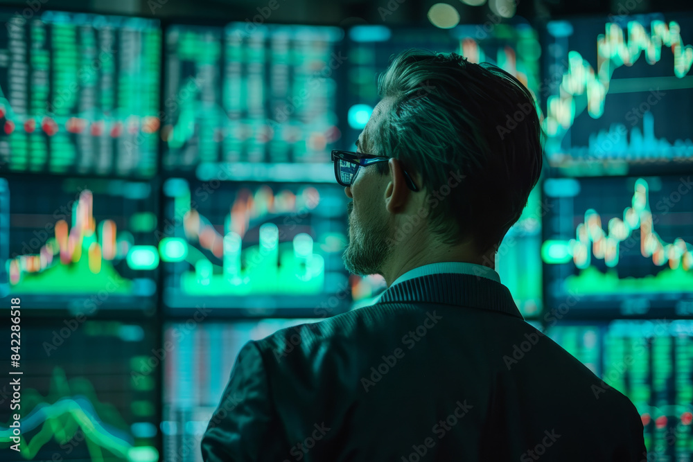 Poster a man in a suit is looking at a computer screen with multiple graphs