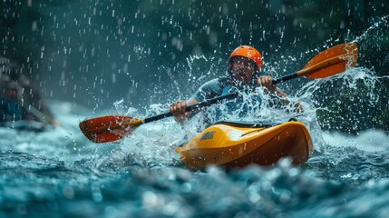 Fototapeta premium A kayaker in full speed during a sprint race, with water splashing around. Strength of the paddler