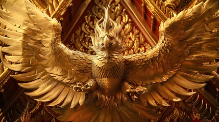 An artistic portrayal of the mystical bird, Garuda, soaring through the skies with golden feathers shimmering, set against a backdrop of traditional Thai architecture and landscapes.