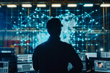 A man is looking at a computer screen with a lot of lines and dots