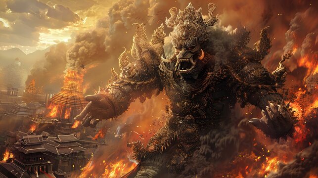 A stylized rendering of the giant Tosakanth (Ravana) in a fierce battle pose, with intricate armor and a backdrop of a burning cityscape, representing scenes from Thai epic tales.