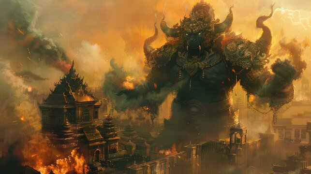 A stylized rendering of the giant Tosakanth (Ravana) in a fierce battle pose, with intricate armor and a backdrop of a burning cityscape, representing scenes from Thai epic tales.
