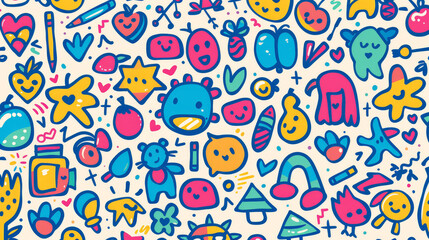 A colorful background with many cartoon faces and objects