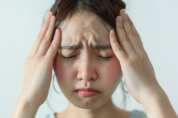 A close-up of a person pressing their temples, indicating a headache