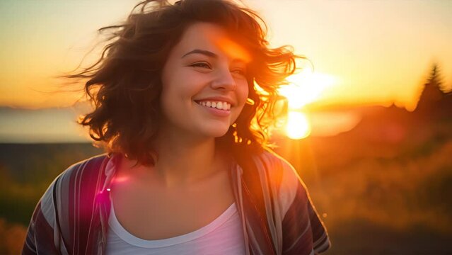 a curvy teenager with a radiant smile, basking in the warm glow of the sunset.