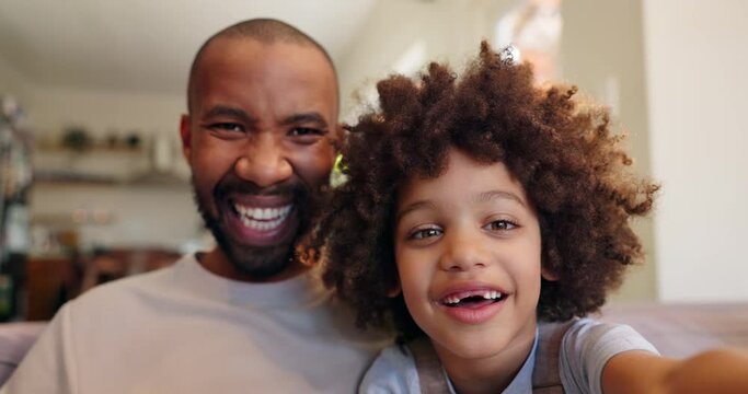 Selfie, love and face of father with son sitting on sofa with smile. Happiness, memory and child bonding with single dad in family home for social media, living room and relax together on couch