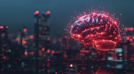 3D rendering of human brain made from digital data and glowing red light,