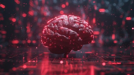 3D rendering of human brain made from digital data and glowing red light,