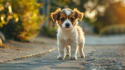 cute lovely  puppy standing on pavement and looking at camera wildlife : Generative AI