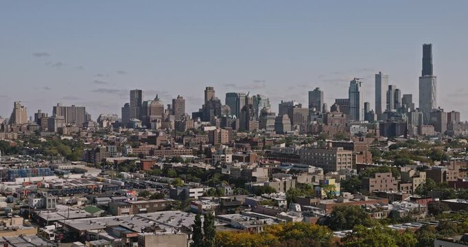 NYC New York Aerial v195 drone flyover industrial waterfront district capturing Cobble Hill residential neighborhood against Brooklyn downtown cityscape - Shot with Inspire 3 8k - September 2023