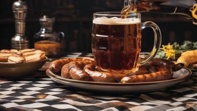Mug of Beer and Sausages, Delicious Oktoberfest in a Festive Style with Warm Colors for Celebration Concept