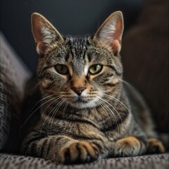A cute cat is sitting on a chair and looking at the camera. The cat has brown and black fur, and green eyes.