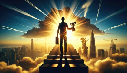 Businessman Holding Trophy And Briefcase Ascending Stairs To Success In A Dreamlike Cityscape - Ai Generated
