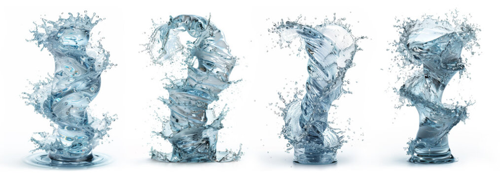 Photos of water flow vortices on a white background