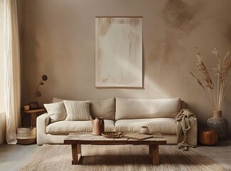 Beige sofa in a modern living room interior with bohemian decoration and minimalist accessories