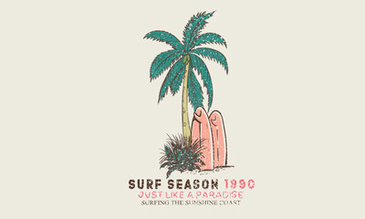 Surf season. Endless summer vector design. Surfing club artwork. Palm tree vector design. Just like a paradise.