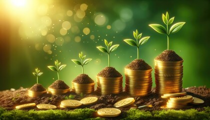 Growing Financial Wealth: Stacks of Gold Coins with Seedlings in Sunny Forest - Ai Generated