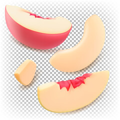 Ripe peach pieces. Vector illustration of 3D stylized fruits.