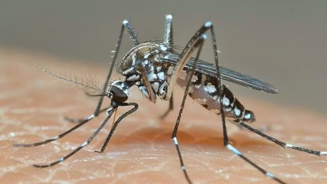 Close-Up of a Mosquito on Human Skin in the Wild, A Detailed Glimpse into Nature's Tiny Predator
