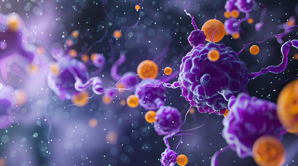 purple and orange cancer cells being battling by white cell, generative AI
