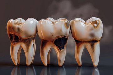 Three decayed teeth on a reflective surface showing various stages of cavities and decay, highlighting dental health issues and oral hygiene neglect.