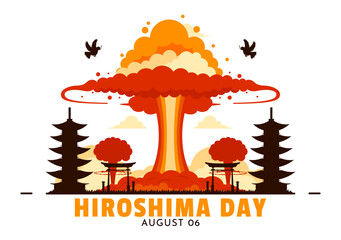Hiroshima Day Vector Illustration for August 6th featuring a Peace Dove and a Nuclear Explosion Background in a Flat Style Cartoon Design