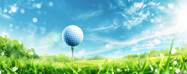 Vivid image of a golf ball on a tee in a lush green field under a bright blue sky. Perfect for golf enthusiasts and outdoor activities.