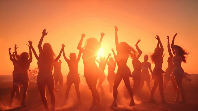 Silhouettes of a group of teenagers partying with dancers