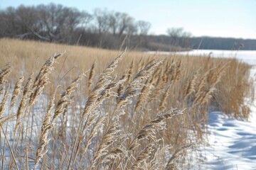 Obraz premium Grass Field. Scenic Landscape of Minnesota Prairie with Tall Grass in Winter