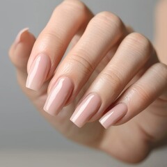 Fototapeta premium Elegant Neutral Colors Manicure: Close-Up of Beautiful Pale Pink Gel Polish on Long Square Nails