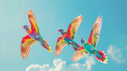 Fototapeta premium Vibrant rainbow lorikeets flying in blue sky