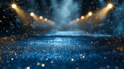 Luxury Modern Blue Carpet Entry with Spotlights and Golden Falling Particles Shimmer for Show Recognition Award Night