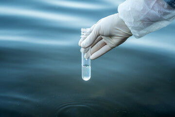 examination of water quality in natural reservoir. test tube in a man's hand with water to check...