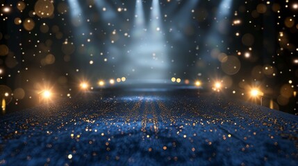 Luxury Modern Blue Carpet Entry with Spotlights and Golden Falling Particles Shimmer for Show Recognition Award Night