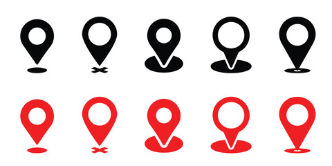 Location icon set. Flat icon set of location and map pins. Map pin place marker. Location pointer icon symbol in flat style. Position symbol.