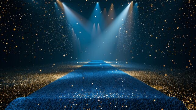 Luxury Modern Blue Carpet Entry with Spotlights and Golden Falling Particles Shimmer for Show Recognition Award Night