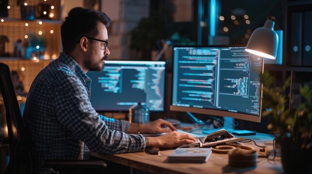 A software developer works on code late into the night, illuminated by the glow of multiple computer screens in a modern office. AIG41