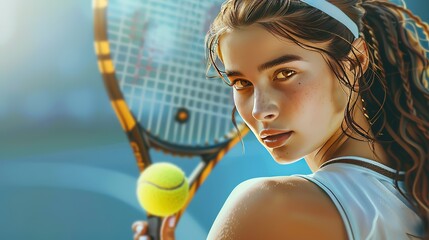 Superb Sexy woman is posing for photographer while sitting on tennis court with racquet