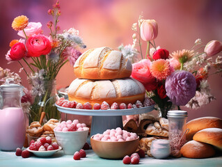 Elevated view of breads, utensils, egg and spices forming frame on black background