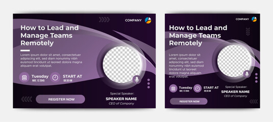 Invitation web banner to the online conference. Business webinar invitation design. Announcement poster concept. Modern abstract black background with place for photos