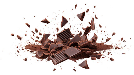 Fototapeta premium Chopped dark chocolate splash isolated on transparent white background, clipping path
