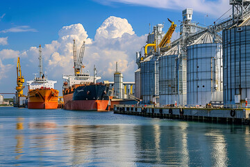 Fototapeta premium Cargo ships docked near silos, ready to receive grains for export
