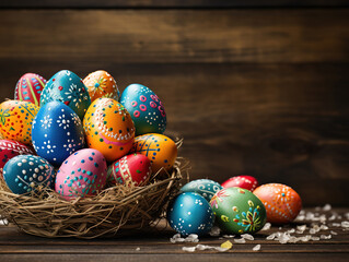 Fototapeta premium Colorful easter eggs in brown basket with flower